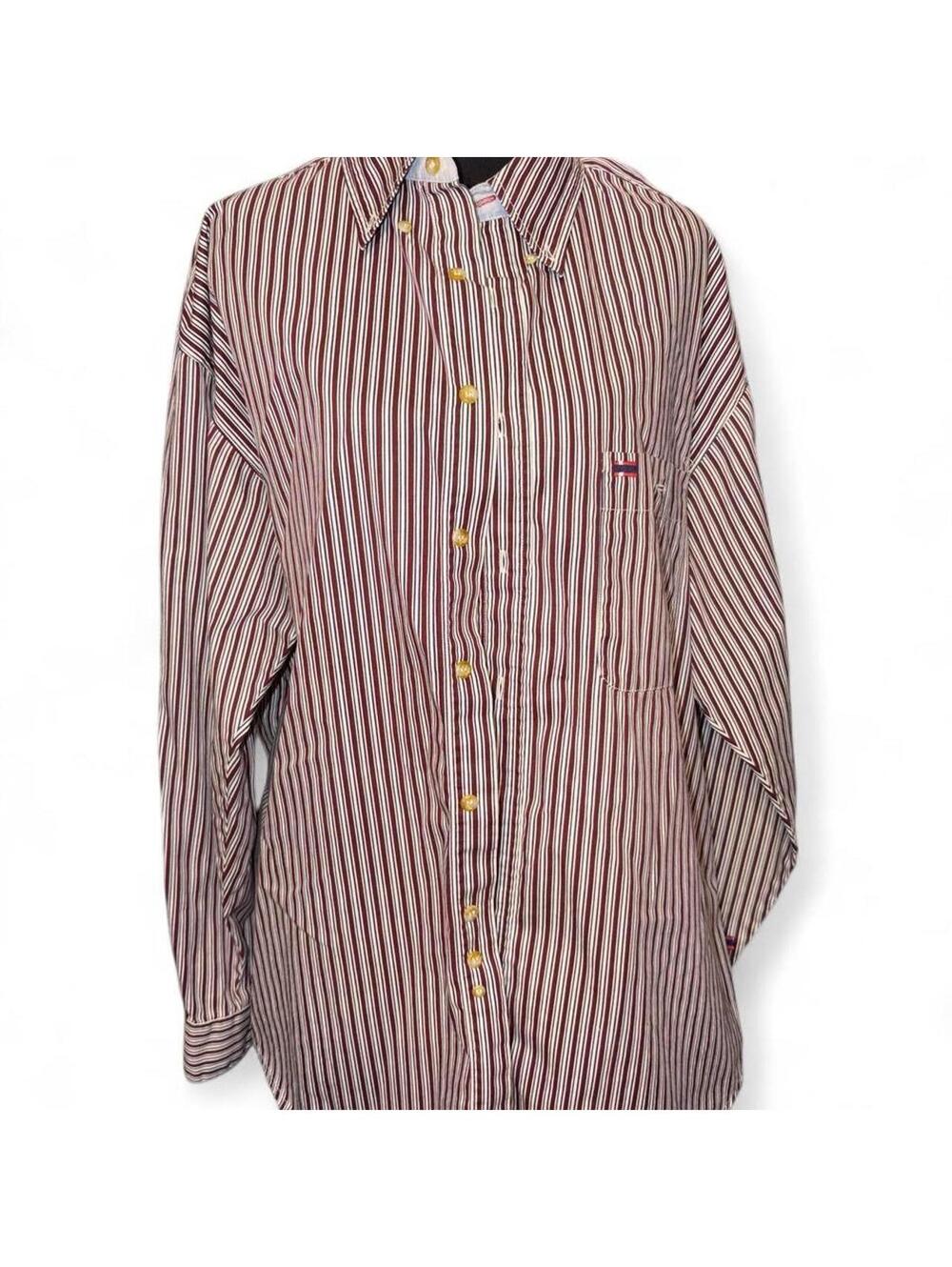 Vintage 90s Bugle Boy Classics Striped Button Down Shirt Burgundy White Cotton L